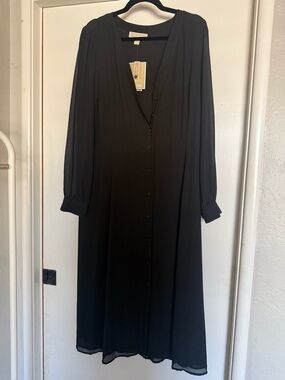 Michael Kors Black Long-Sleeve V-Neck Button-Front Midi Dress